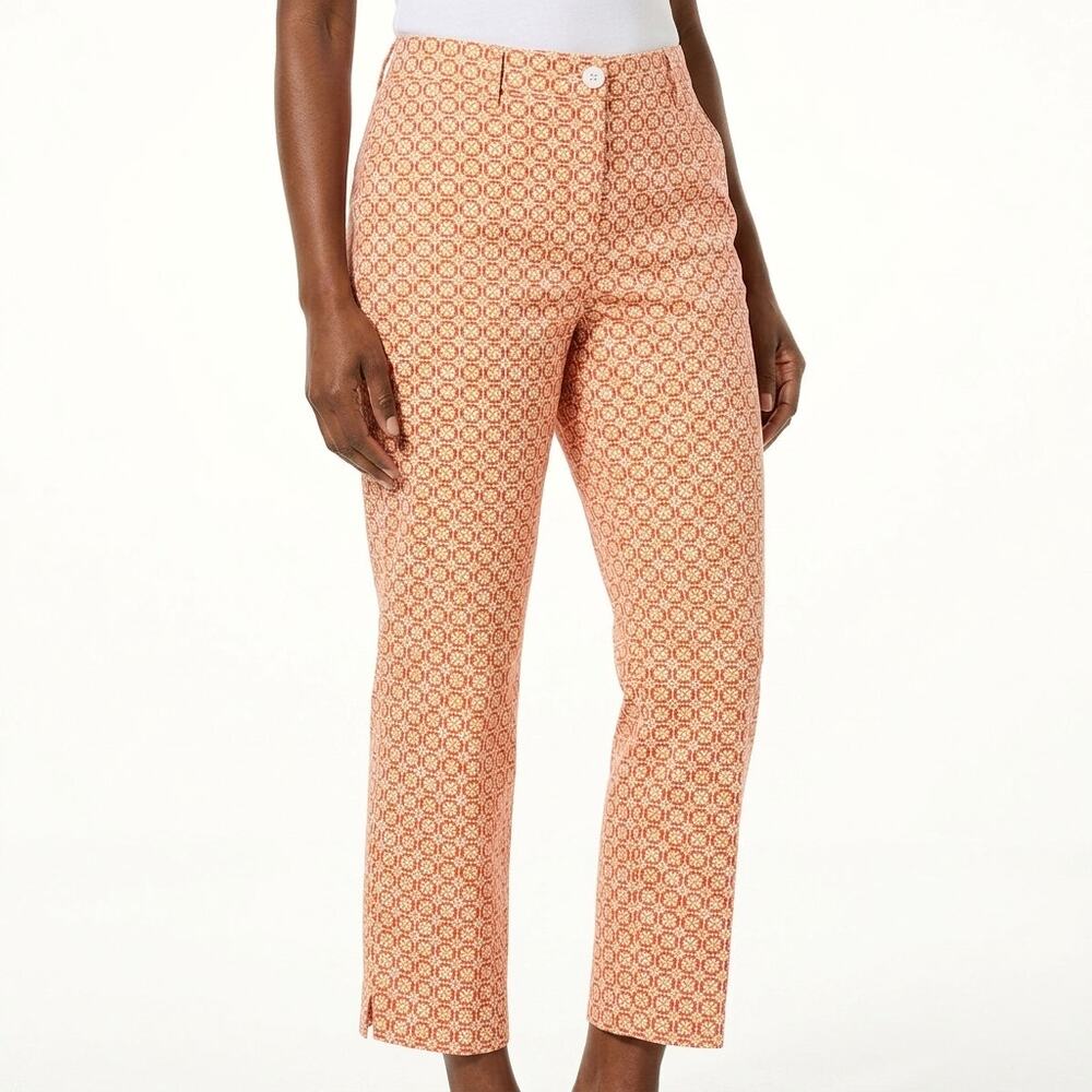 Kim Rogers Cotton Blend Orange Geometric Stretch Pants Women Size 8
